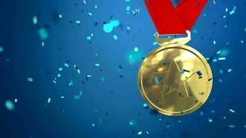 looping video van gouden medaille met vallend gouden confetti, zege concept