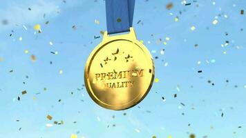 Schleifen Video von Prämie Qualität golden Medaille mit fallen golden Konfetti, Sieg Konzept