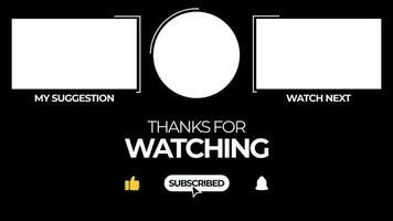 Animation of thank you for watching text, like, subscribe, ring bell button, my suggestion and next video. Suitable for video end screen.