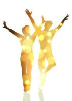 silhouettes of a party couple with a gold bokeh lights design vector