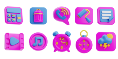 Set of 3d rendering user interface icons for web and mobile applications. Icon calculator, trash, phone call, theme, notes, video player, music player, clock, compass, weather png