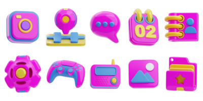 Set of 3d rendering user interface icons for web and mobile applications. Camera icon, settings, game, location, messaging, calendar, gallery, contact book, file folder. png