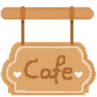 Cute wooden cafe signboard in pixel art png