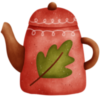 Rustic and cozy red kettle with leaf pattern png