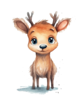 Cute New Year and Christmas Brown Reindeer, Watercolor Illustration Drawing on Transparent Background for Festive Greeting Cards and Decorations, png