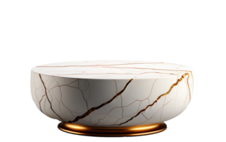 une de face vue de une luxueux blanc et or vide marbre table pour produit placement sur une transparent arrière-plan, portion comme une Vide marbre table maquette, ai génératif png