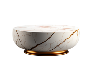 a front view of a Luxurious White and Gold Empty Marble Table for Product Placement on a transparent background, serving as a blank marble table mockup, png