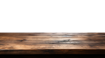 a front view of a dark rustic brown, empty wooden table with transparent background, serving as a blank wood table mockup, Ai generative png