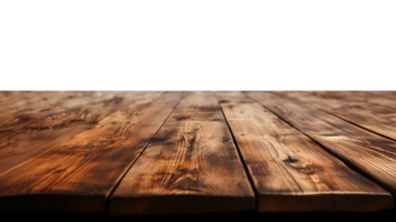 a front view of a dark rustic brown, empty wooden table with transparent background, serving as a blank wood table mockup, Ai generative png