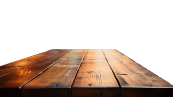 a front view of a dark rustic brown, empty wooden table with transparent background, serving as a blank wood table mockup, Ai generative png