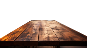 a front view of a dark rustic brown, empty wooden table with transparent background, serving as a blank wood table mockup, Ai generative png