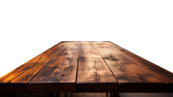 a front view of a dark rustic brown, empty wooden table with transparent background, serving as a blank wood table mockup, png