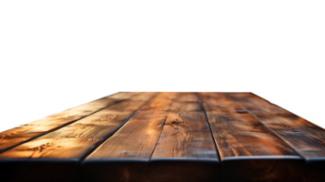 uma frente Visão do uma Sombrio rústico marrom, esvaziar de madeira mesa com transparente fundo, servindo Como uma em branco madeira mesa brincar, ai generativo png