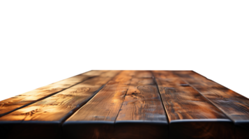 a front view of a dark rustic brown, empty wooden table with transparent background, serving as a blank wood table mockup, Ai generative png