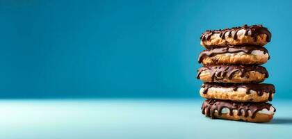 Stack of eclairs isolated on vivid background with a copy space, creative concept photo