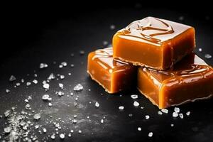 Delicious caramels dark background with empty space for text photo