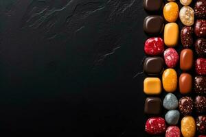 Delicious candy bars dark background with empty space for text photo