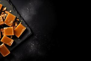 Delicious toffee dark background with empty space for text photo