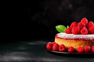 Delicious Raspberry Torte dark background with empty space for text photo