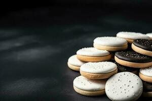 Delicious Black and White Cookies dark background with empty space for text photo