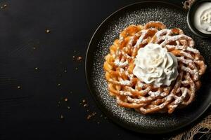 Delicious Funnel Cake dark background with empty space for text photo