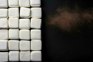 Delicious marshmallows dark background with empty space for text photo