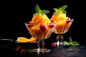 Delicious Peach Melba dark background with empty space for text photo