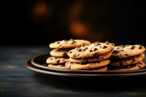 delicioso chocolate chip galletas oscuro antecedentes con vacío espacio para texto foto