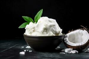 Delicious Coconut Ice Cream dark background with empty space for text photo