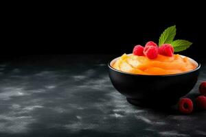 Delicious Peach Melba dark background with empty space for text photo