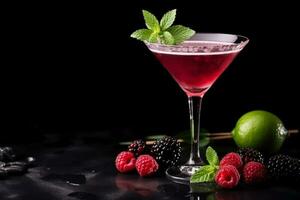 Ideal bramble cocktail dark background with empty space for text photo