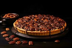 Delicious Pecan Pie dark background with empty space for text photo