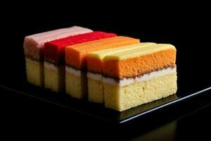 Delicious Battenberg Cake dark background with empty space for text photo