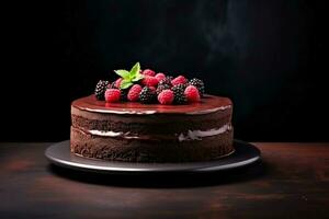 Delicious chocolate cake dark background with empty space for text photo