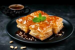 Delicious baklava dark background with empty space for text photo