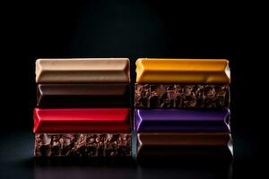 Delicious candy bars dark background with empty space for text photo