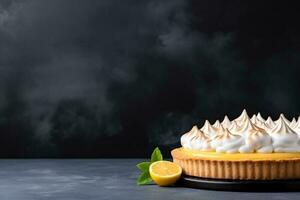 Delicious Lemon Meringue Pie dark background with empty space for text photo