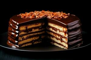 Delicious Dobos Torte dark background with empty space for text photo