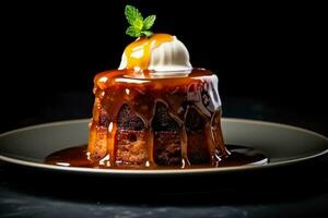 Delicious sticky toffee pudding dark background with empty space for text photo