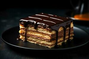 Delicious Opera Cake dark background with empty space for text photo