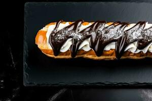 Delicious Eclairs dark background with empty space for text photo