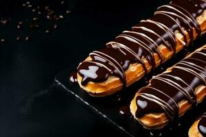 Delicious Eclairs dark background with empty space for text photo