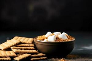 Delicious S'mores Dip dark background with empty space for text photo