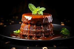 Delicious Sticky Toffee Pudding dark background with empty space for text photo
