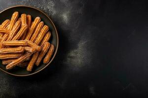 Delicious Churros dark background with empty space for text photo