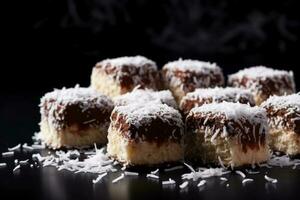 Delicious Lamingtons dark background with empty space for text photo