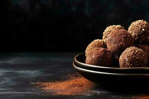 Delicious Brigadeiros dark background with empty space for text photo