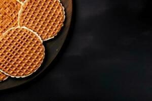 Delicious Stroopwafels dark background with empty space for text photo