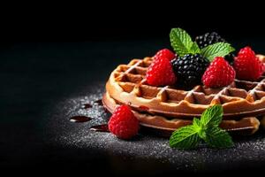Delicious Belgian Waffles dark background with empty space for text photo