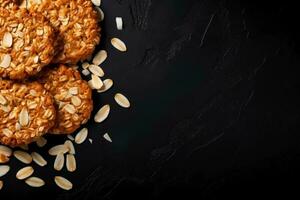 Delicious Anzac Biscuits dark background with empty space for text photo